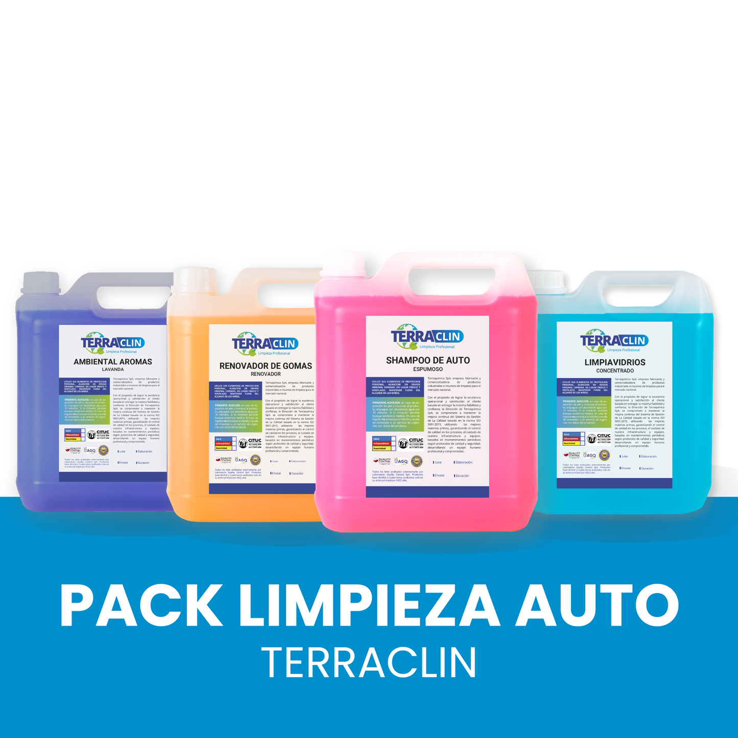 Imagen Pack Limpieza Auto Terraclin - Limpiavidrios, Ambiental Lavanda, Renovador de Gomas y Shampoo