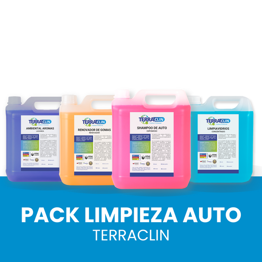 Imagen Pack Limpieza Auto Terraclin - Limpiavidrios, Ambiental Lavanda, Renovador de Gomas y Shampoo