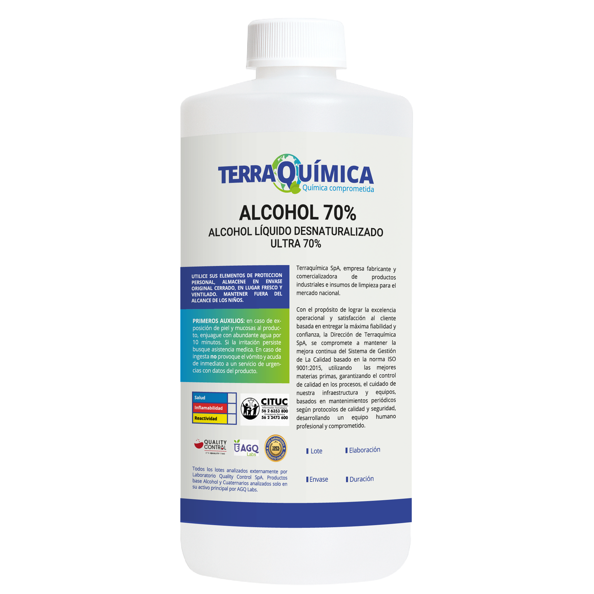 Envase de alcohol líquido desnaturalizado ultra 70%