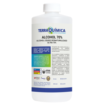 Envase de alcohol líquido desnaturalizado ultra 70%