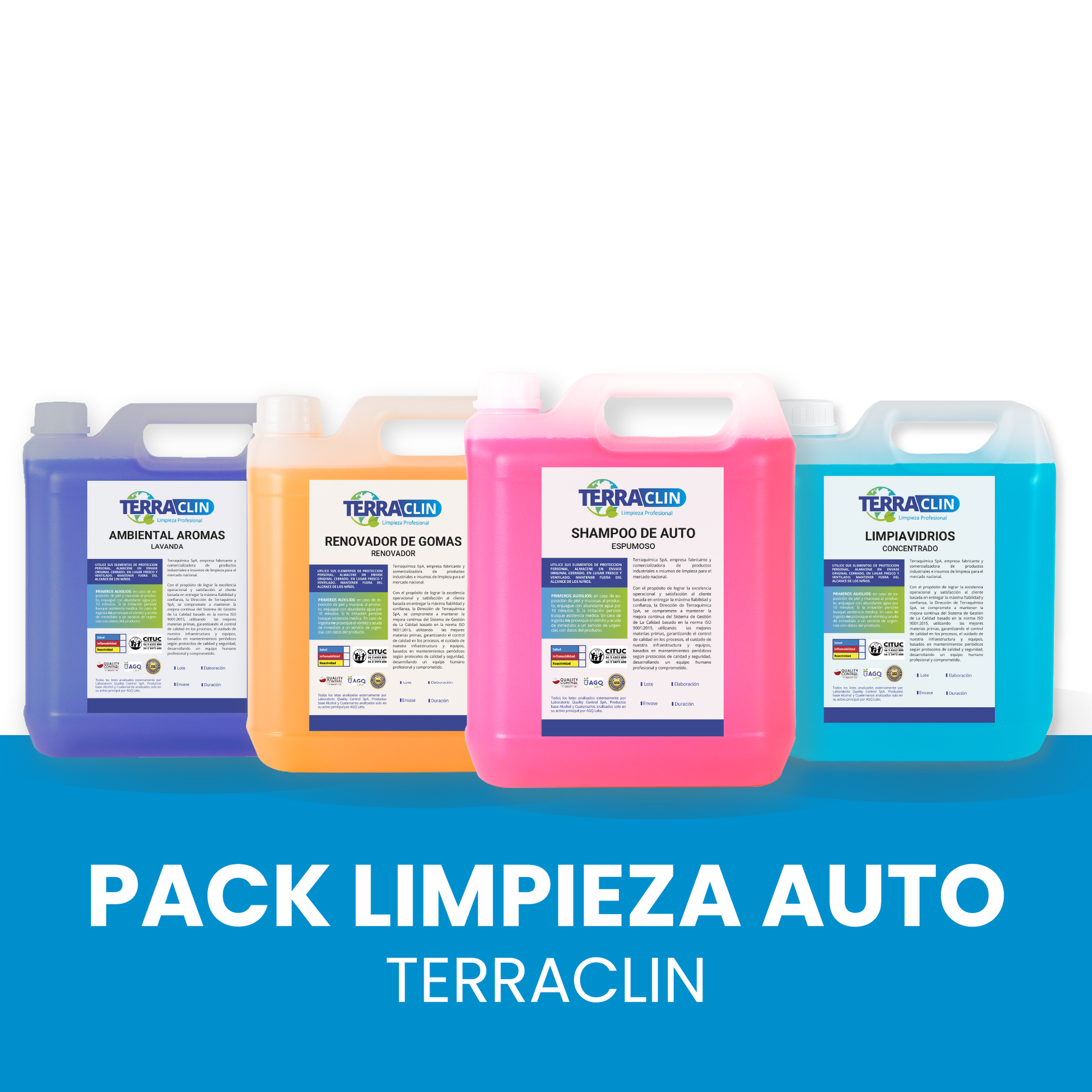 Imagen Pack Limpieza Auto Terraclin - Limpiavidrios, Ambiental Lavanda, Renovador de Gomas y Shampoo
